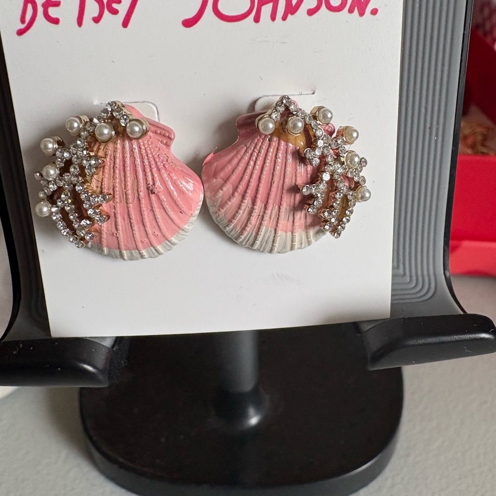 Betsey Johnson Pink and White Shell Earrings with Pearl Accents